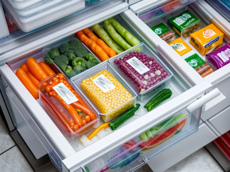 Tiroir de congélateur organisé avec des légumes et des portions de repas